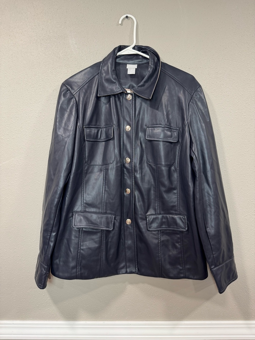Chico's Navy Leather Button-Front Jacket - Picture 2 of 8
